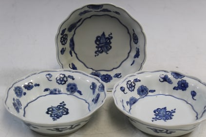 Three Japanese Blue and White Porcelain Dishes