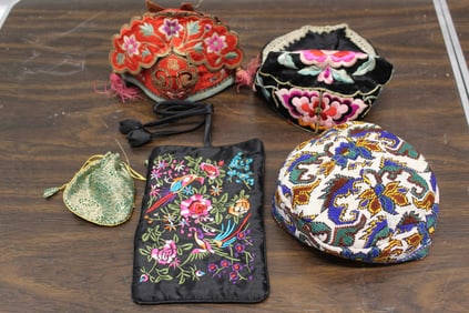 Group of Asian Embroidery Hats and Pouches.