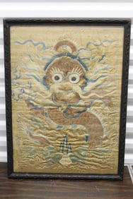 Antique Chinese Silk Embroidery Dragon Panel