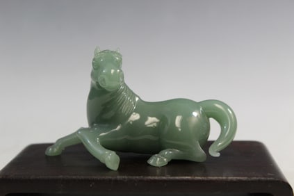 Chinese Glass Horse Figure on Wood Stand
