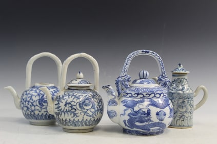 Group of Chines Blue and White Porcelain Teapots