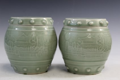 Pair of Chinese Celadon Glaze Porcelain Covered Jars