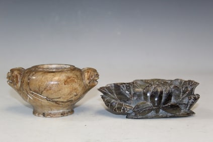 A Chinese Carved Soapstone Incense burner and A Brush Washer