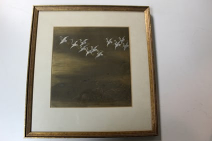 Japanese water color painting on paper of cranes
