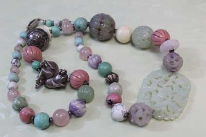 Chinese Beaded Necklace with Jade and Silver Pendants