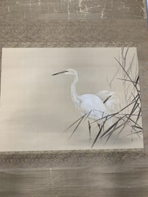 Crane, Ink and Watercolor Painting on Paper Scroll, Attributed to Suzuki Kason