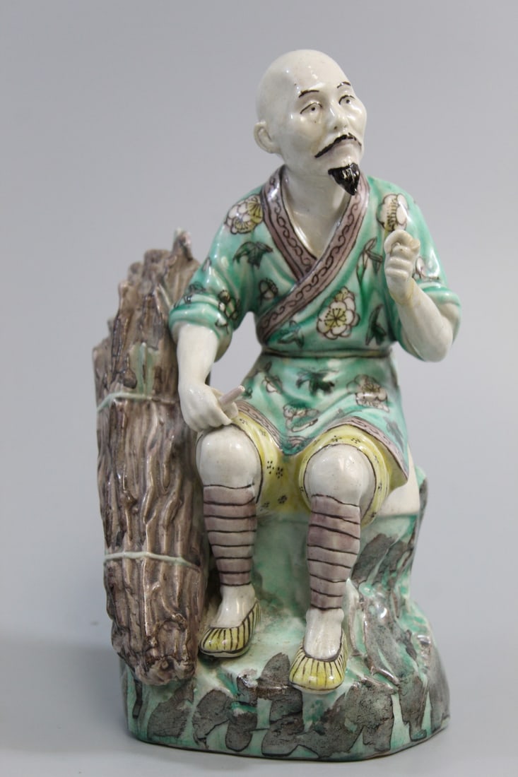 Chinese Sancai Porcelain Statue of a Woodcutter: Chinese Sancai Porcelain Statue of a Woodcutter. H 8". As Is.