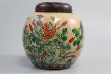 Chinese Famille Rose Porcelain Jar with Wood Lid