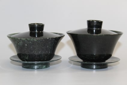 Pair of Chinese Spinach Jade Tea Cups