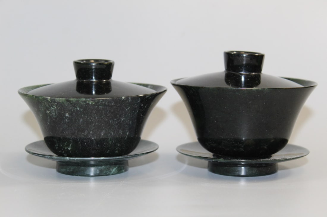 Pair of Chinese Spinach Jade Tea Cups: Pair of Chinese Spinach Jade Tea Cups. Diam 4".