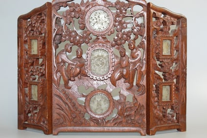 Chinese Carved Wood Screen with Jade Inlay.