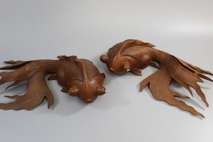 Pair Chinese Carved Wood Fishes