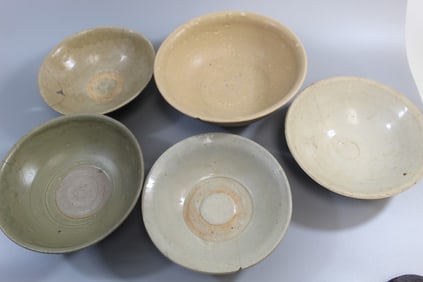 Five Antique Chinese Celadon Pottery Bowls, Song Dynasty.