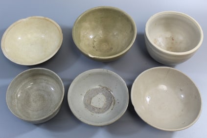 Six Antique Chinese Celadon Pottery Bowls, Song Dynasty.
