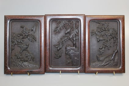 Three Japanese Carved Wood Panels