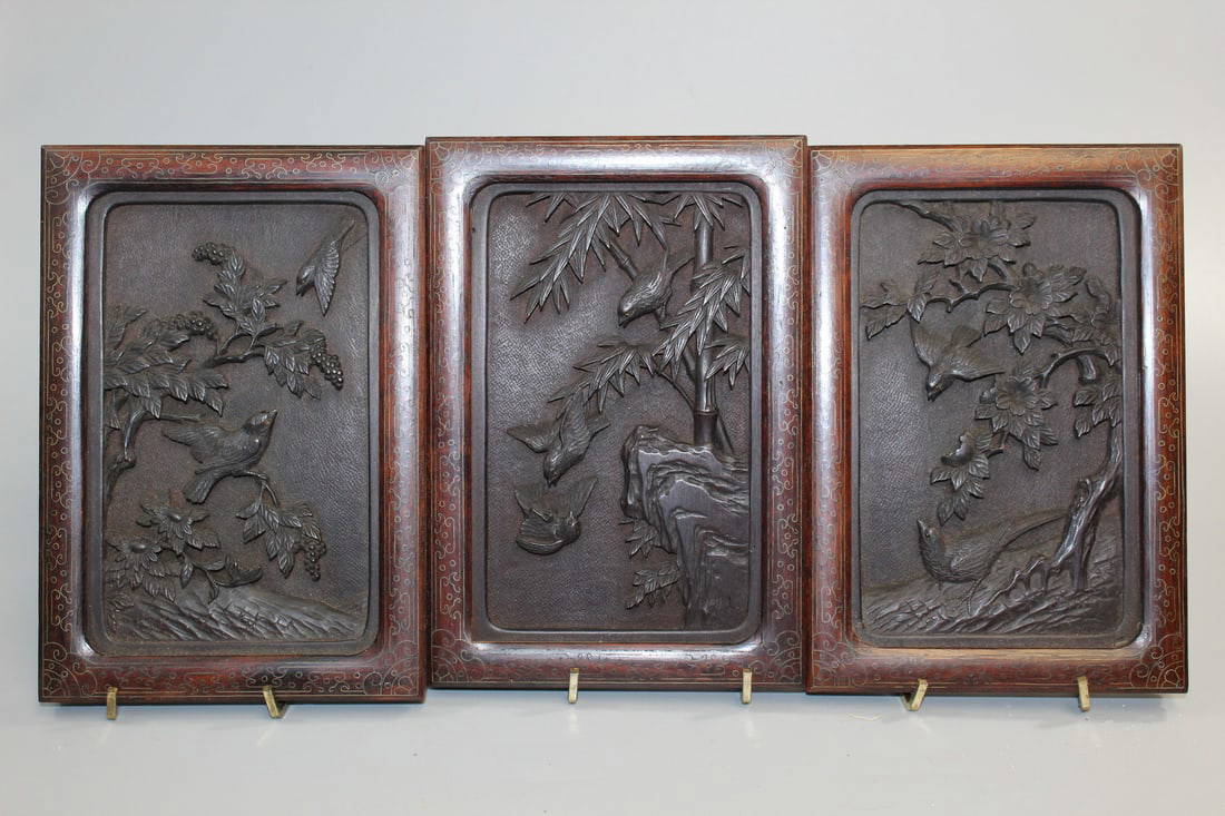 Three Japanese Carved Wood Panels