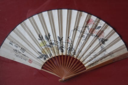 Chines Ink and Water Color Fan Painting, Framed