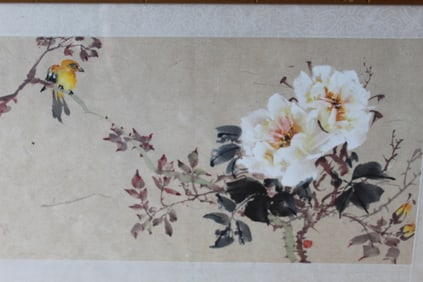 Chinese Watercolor and Ink Painting of Flowers and Birds on Paper