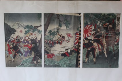 Japanese Triptych Woodblock Print. Illustration of the Battle of Pyongyang