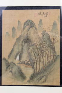 Mountain and Waterfall, Chinese Watercolor Painting on silk: Mountain and Waterfall, Chinese Watercolor Painting on silk. Fr 15 X 12". Painting 9 x 7".