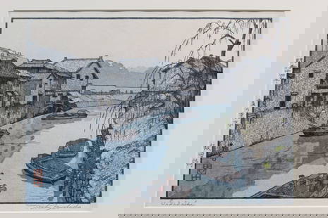 Lidabashi, Yoshida Toshi (1911-1995), Japanese Woodblock Print, Pencil Signed.: Lidabashi, Yoshida Toshi (1911-1995), Japanese Woodblock Print, Pencil Signed.. Print 9.5 x 7"