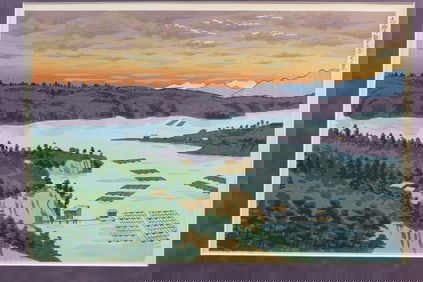 Sunset at Shima Kenjima, Japanese Woodblock Print.