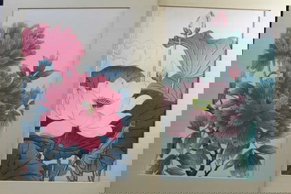 Hodo Nishimura. Two Japanese woodblock prints of Peony and Lotus Flower.