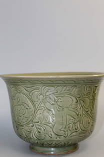 Chinese "Yaozhou" Celadon Glaze Pottery Planter.: Chinese "Yaozhou" Celadon Glaze Pottery Planter.. Diam 10". H 6.5".
