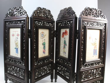 Chinese Four Panel Carved Wood Tabe Screen with Gouache Paintings.