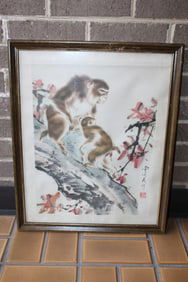Chinese Watercolor and Ink Painting of Monkey on Paper, Framed