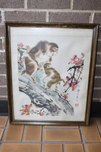 Chinese Watercolor and Ink Painting of Monkey on Paper, Framed: Chinese Watercolor and Ink Painting of Monkey on Paper, Framed. Fr 21.5 x 17.5". Painting 17 X 13".