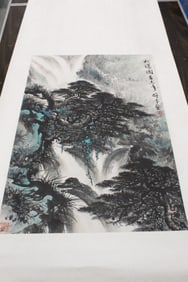 Chinese Ink Painting on Paper Scroll, Landscape of Waterfall and Pine Trees, by Li Xiongcai.