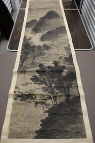 Chinese Ink Painting on Paper Scroll, Landscape of Mountain in Misty Rain, by Wang Gengtang
