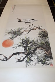 Chinese Watercolor Painting on Paper, Cranes and Pine Trees, by Zhang Yuguang