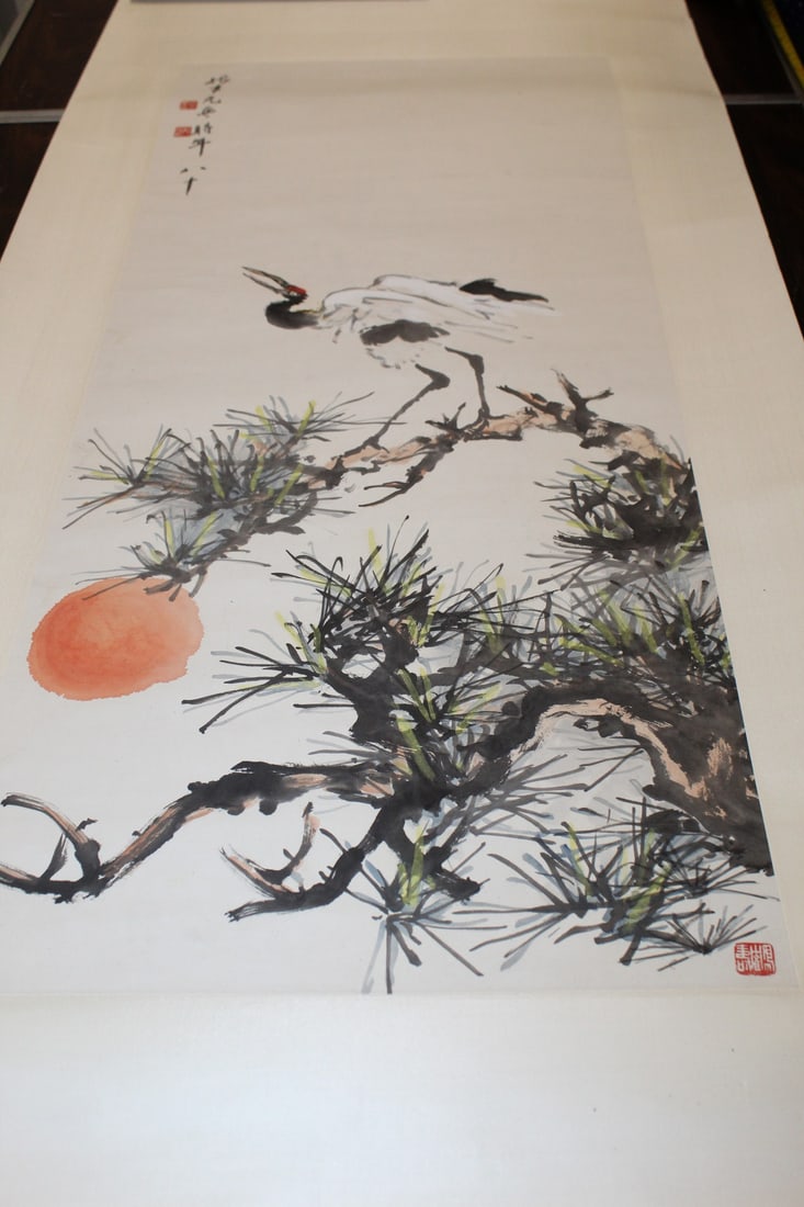 Chinese Watercolor Painting on Paper, Cranes and Pine Trees, by Zhang Yuguang: Chinese Watercolor Painting on Paper, Cranes and Pine Trees, by Zhang Yuguang. 37.5 x 15.5".
