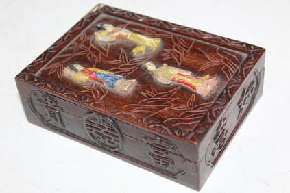 Chinese Hardwood Box with Carved Bone Figurines Decorations