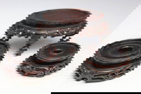 Three Chinese Carved Wood Stands: Three Chinese Carved Wood Stands. Inner rim diam 5" and 3.5".