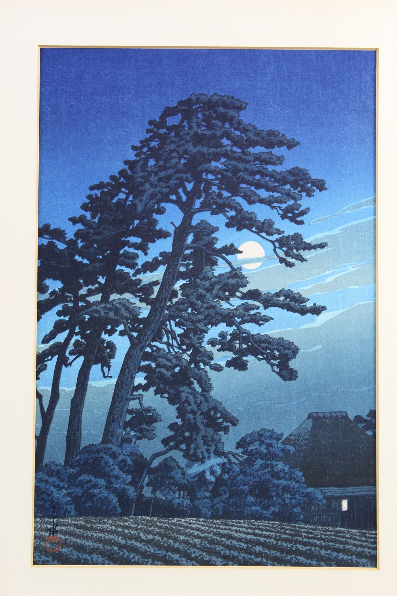 Moon at Magome, Hasui Kawase (1883-1957). Japanese Woodblock Print.: Moon at Magome, Hasui Kawase (1883-1957). Japanese Woodblock Print.. Marked year of 1930. Size 14" x 9". Mat 17.5" x 12". Glued on board.