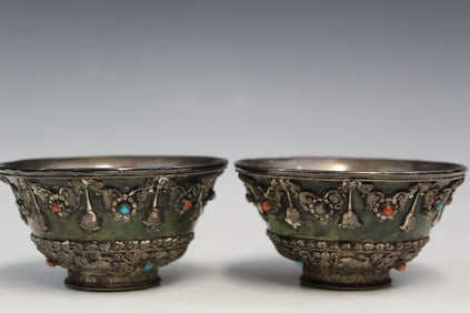 Pair of Tibetan Green Jade Bowls with Silver Mounting