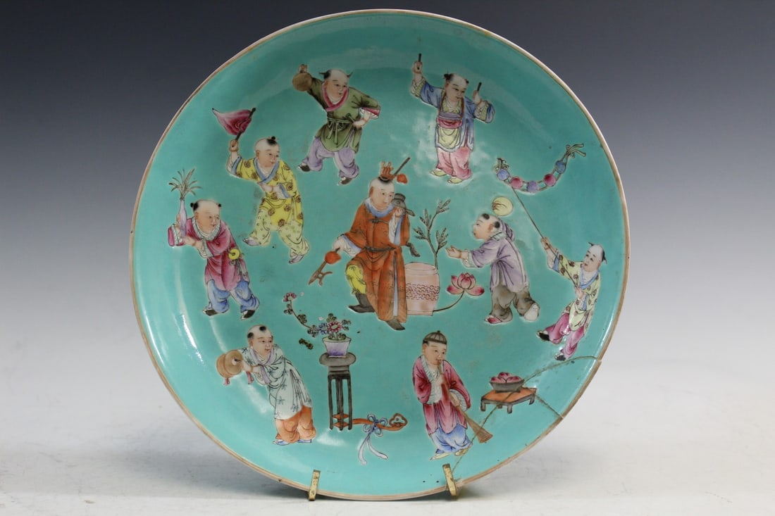 Chinese Turquoise Glazed Famille Rose Porcelain Dish Children at Play (1 of 9)