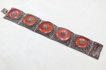 Chinese Silver and Red Agate Bracelet