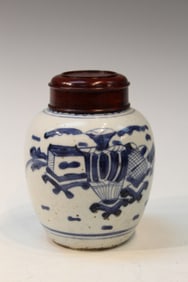 Chinese Blue and White Porcelain Jar with wood lid