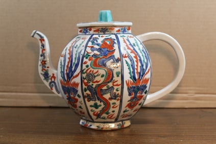 Chinese Ming Style Wucai Porcelain Teapot.