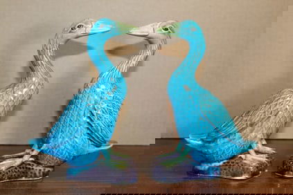 Pair of Chinese Turquoise Glazed Porcelain Ducks