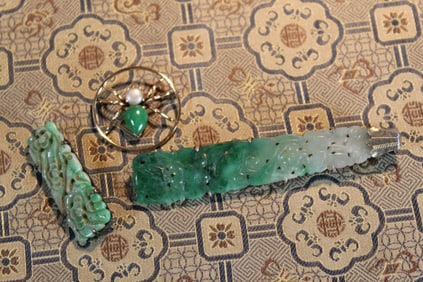Chinese Carved Jadeite and Silver Pins