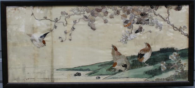 Chinese Embroidery Panel of Birds, Framed.