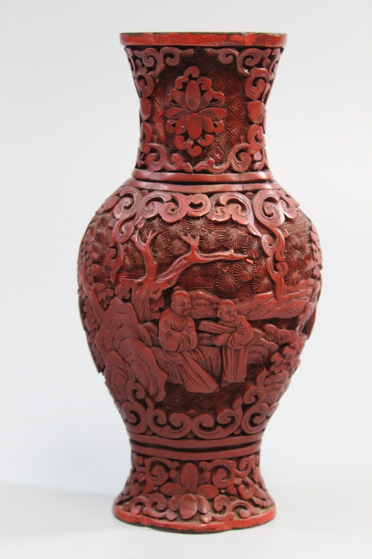 Chinese Carved Cinnabar Vase: Chinese Carved Cinnabar Vase. H 6 3/4".