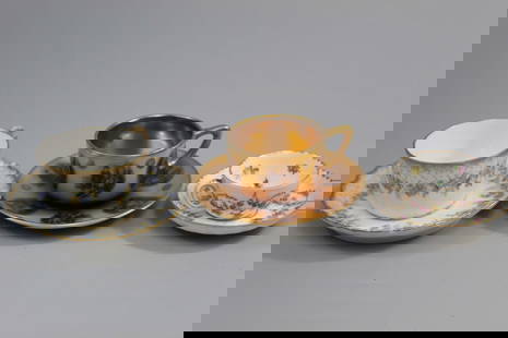 Three Sets of European Porcelain Cups and Saucers: Three Sets of European Porcelain Cups and Saucers. Dresden, Limoges and Carlsbad. Largest Diam 4".