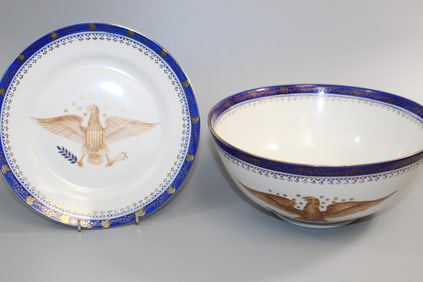 Chinese export armorial style American eagle with stars porcelain punch bowl and plate