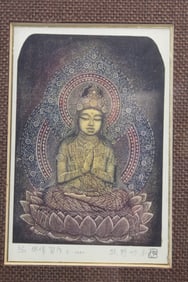 Buddha statue, by Taeko Makino, Japanese woodblock print, Framed.